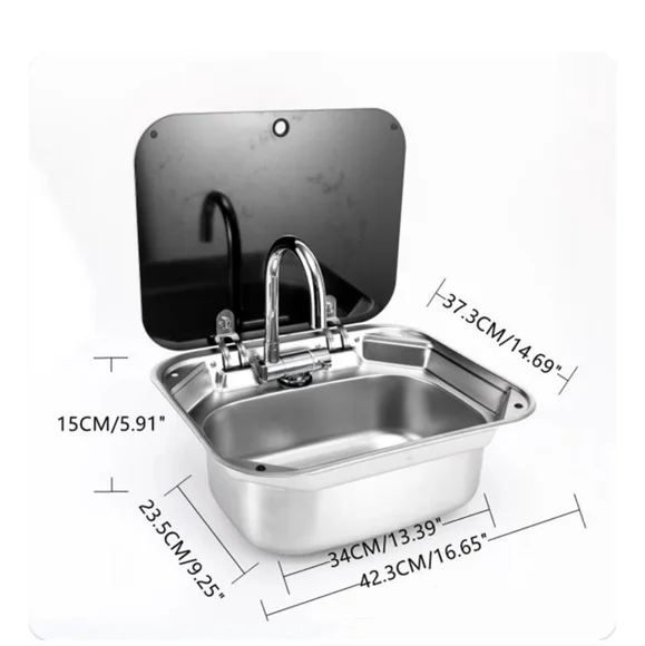 Stainless steel drop in foldable sink by Front. Perfect for RV or bar.